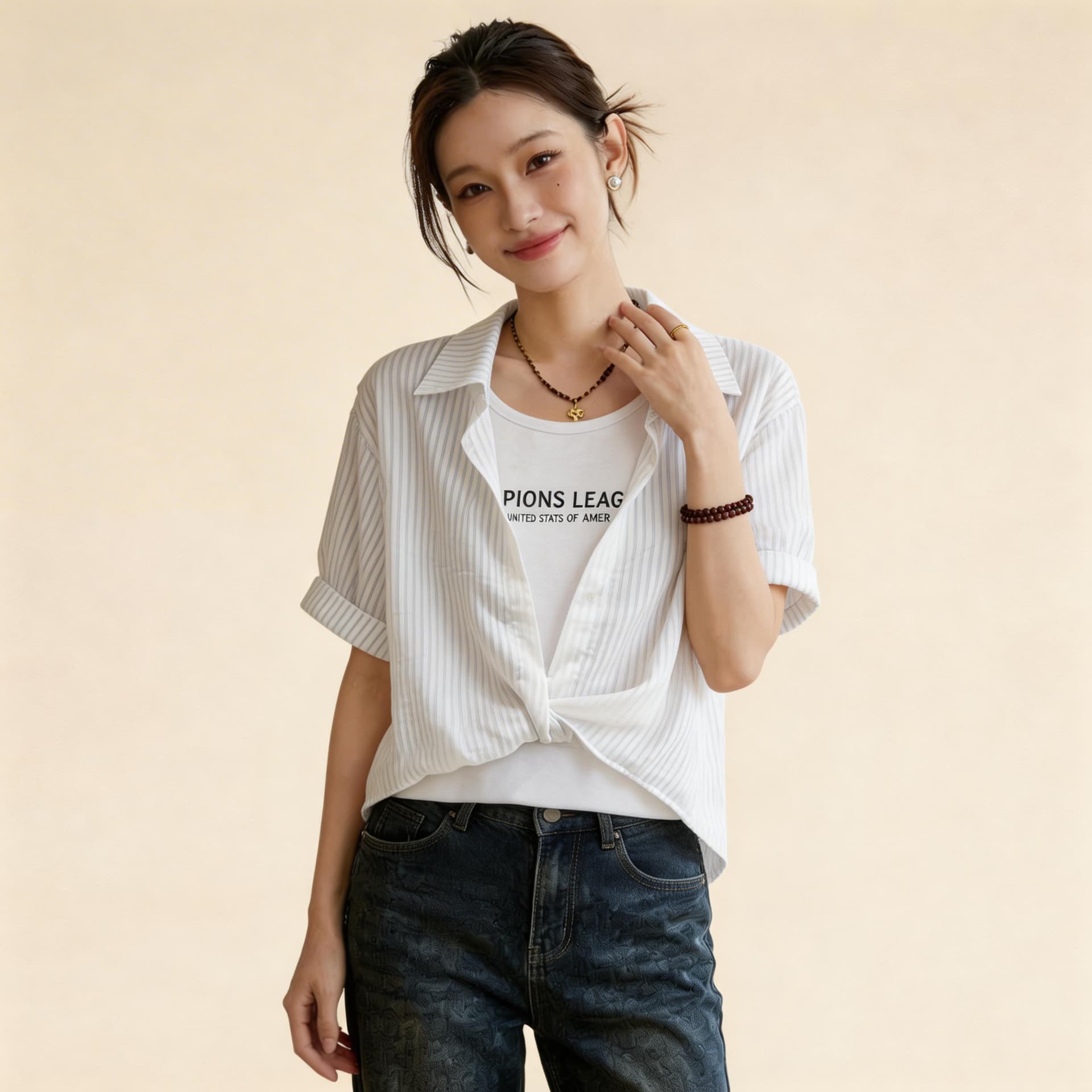 2026 새로운 여름 POLO 칼라 스트라이프 반팔 쉬폰 여성 셔츠 외국 가스 무거운 작업 핫픽스 페이크 레이어드 맨위 상세 이미지 8