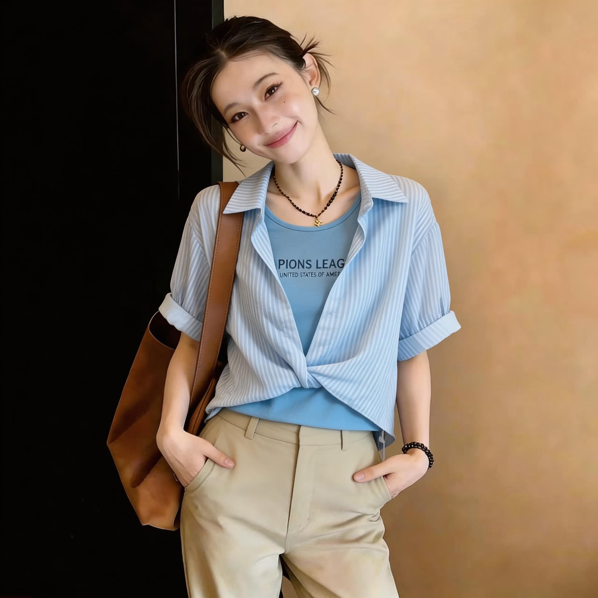 2026 새로운 여름 POLO 칼라 스트라이프 반팔 쉬폰 여성 셔츠 외국 가스 무거운 작업 핫픽스 페이크 레이어드 맨위 상세 이미지 9