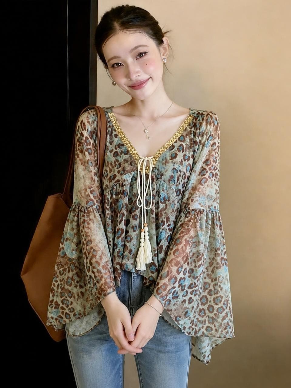 2026 가을 배색 레오파드 무늬 V넥 패치워크 레이스업 술 긴팔 셔츠 마이크로 지방 mm 자외선 차단 미니멀리즘 맨위 상세 이미지 8
