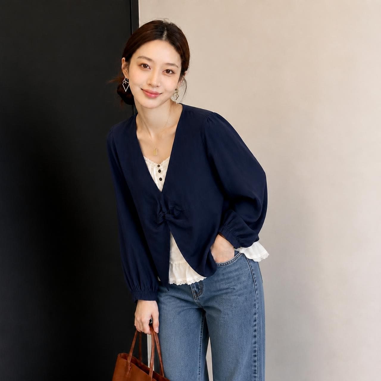 빅 사이즈 여성 의류 패치워크 체크무늬 페이크 레이어드 긴팔 맨위 지방 mm 루즈핏 표지 배 한국 스타일 연령 감소 다용도 작은 셔츠 이미지 4