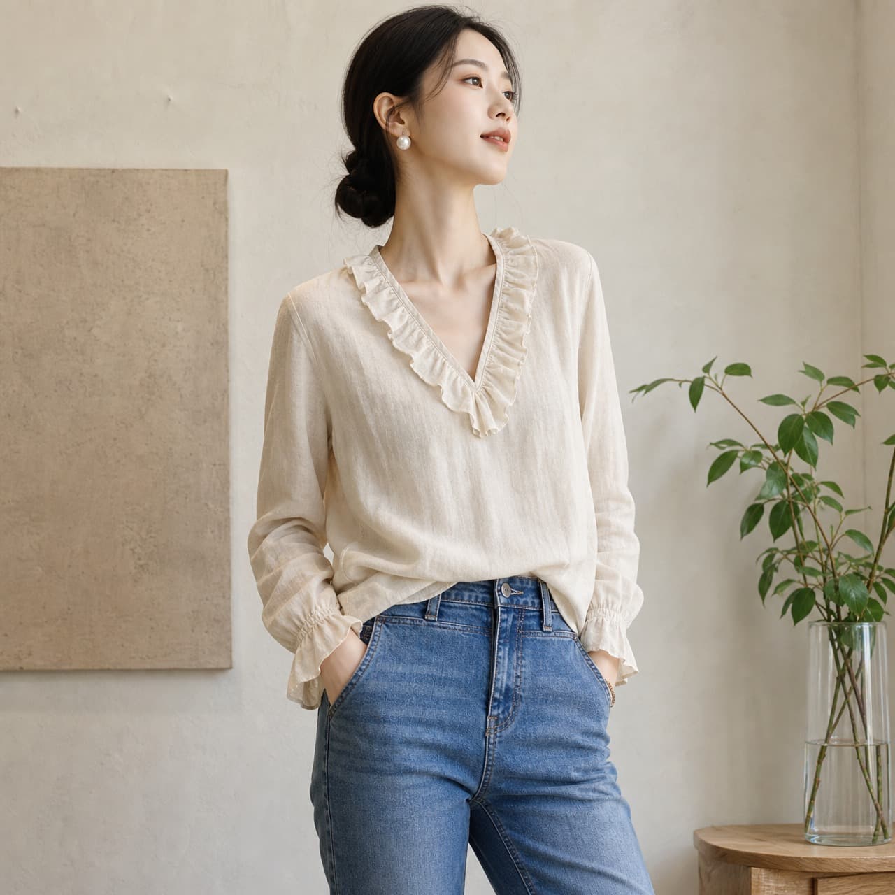 라미 문예 프릴 V넥 여성 셔츠 2026 가을 새로운 루즈핏 벌룬 소매 슬림해 보이는 맨위 상세 이미지 8