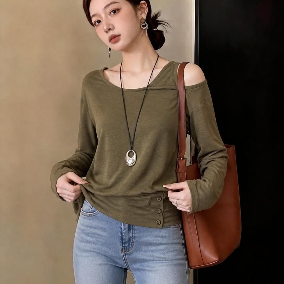 2026 삽입 어깨 소매 짠 셔츠 여성 티셔츠 여성 가을 계절 루즈핏 조수 브랜드 만나는 맨위 아니요 장비 벨트 이미지 5