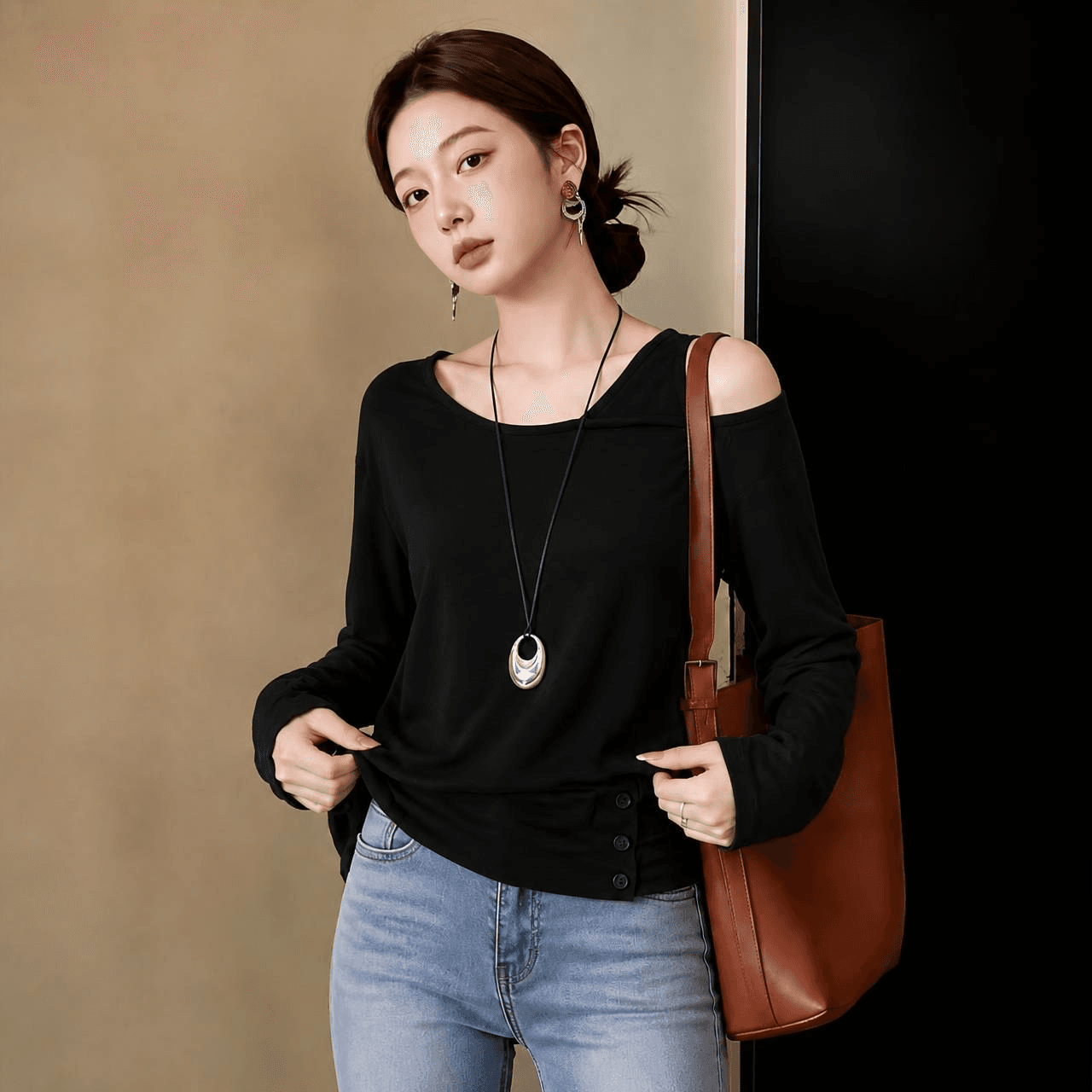 2026 삽입 어깨 소매 짠 셔츠 여성 티셔츠 여성 가을 계절 루즈핏 조수 브랜드 만나는 맨위 아니요 장비 벨트 상세 이미지 7