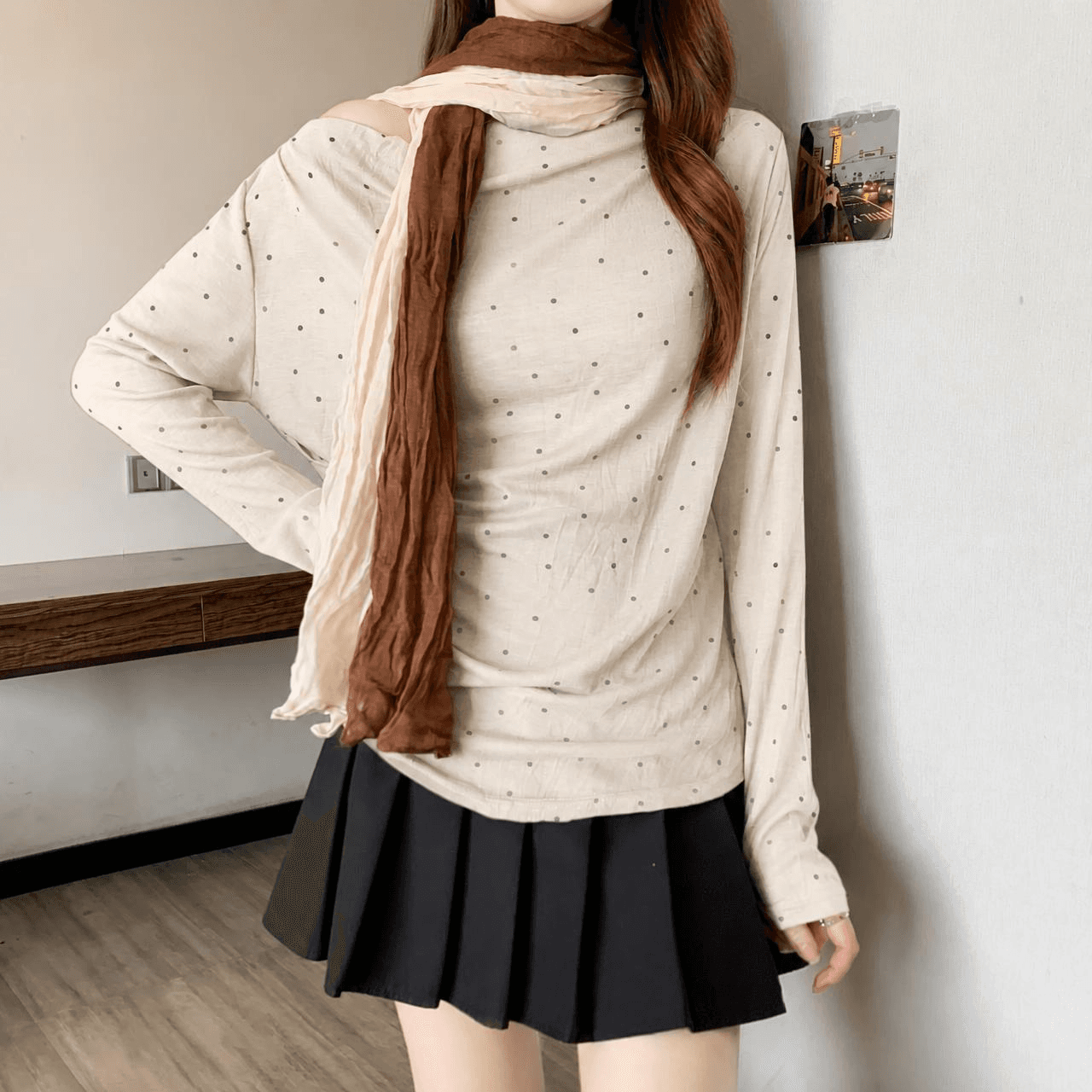 실사 2026 가을 켜기 새로운 하트 비트 오프닝 주요 추진력 도트 무늬 시리즈 하나 의류 기타 착용 목도리 우아한 티셔츠 맨위 상세 이미지 16