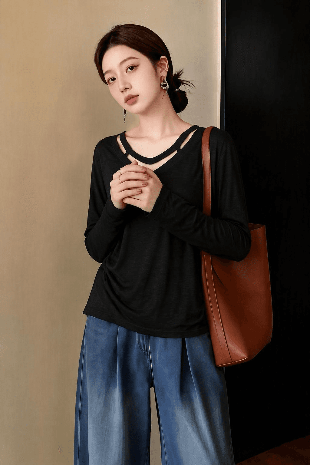 빅 사이즈 여성 의류 지방 mm 허리 수축 불규칙 가을 긴팔 단색 티셔츠 맨위 여성 2026 섹션 더블 칼라 상세 이미지 9