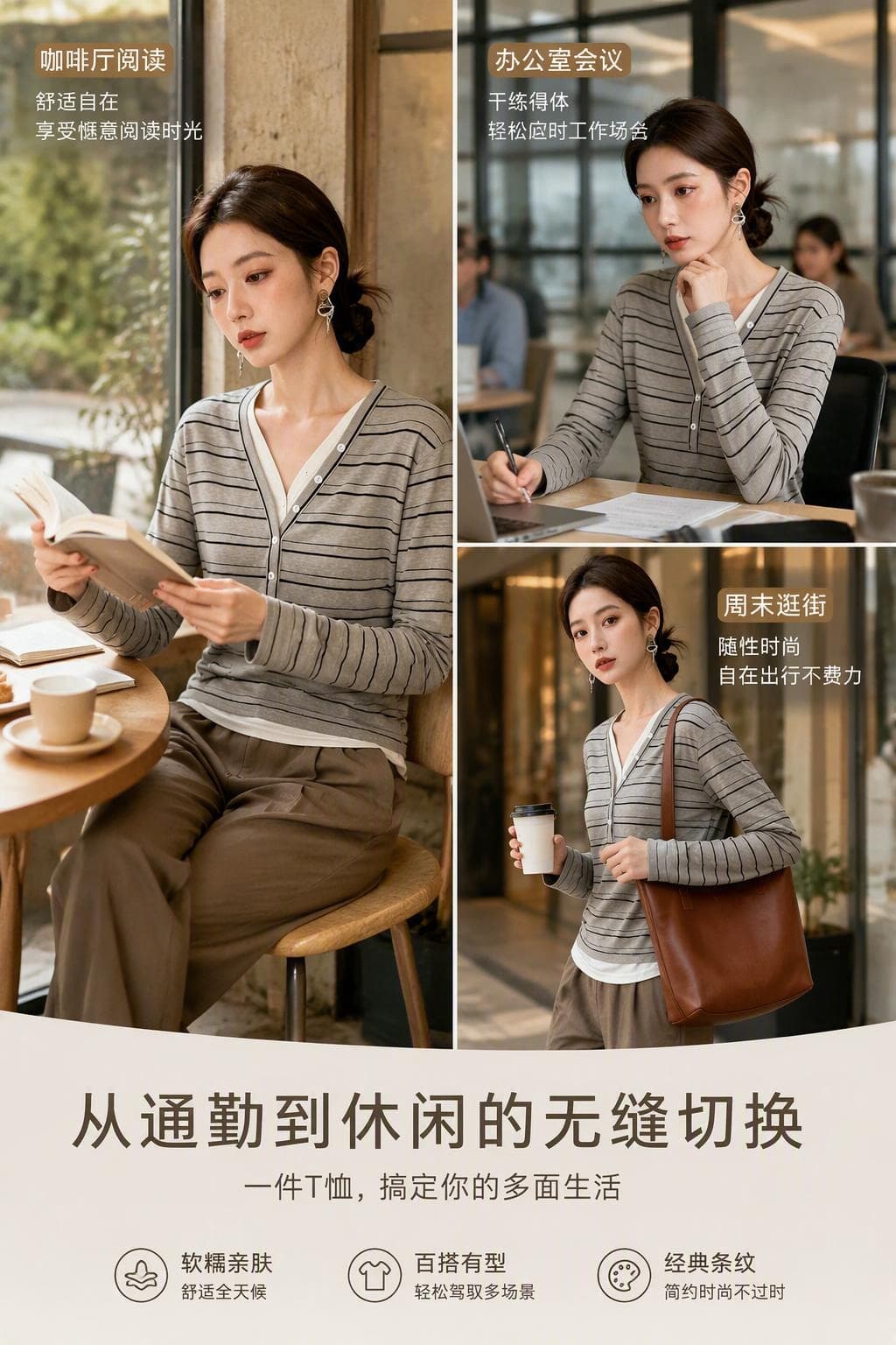 2026 가을 새로운 작은 대중 디자인 센스 페이크 레이어드 V넥 스트라이프 긴팔 티셔츠 루즈핏 인사이드 가져 가라. 기본 셔츠 상세 이미지 3