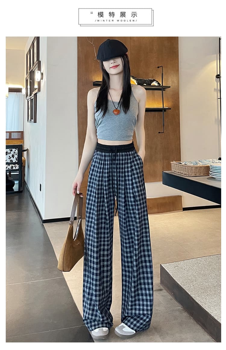 실사 2026 이른 가을 새로운 아메리칸 레트로 블루 체크무늬 와이드 레그 팬츠 느긋한 바람 바지 도루 센스 스트레이트 캐주얼 바지 상세 이미지 12