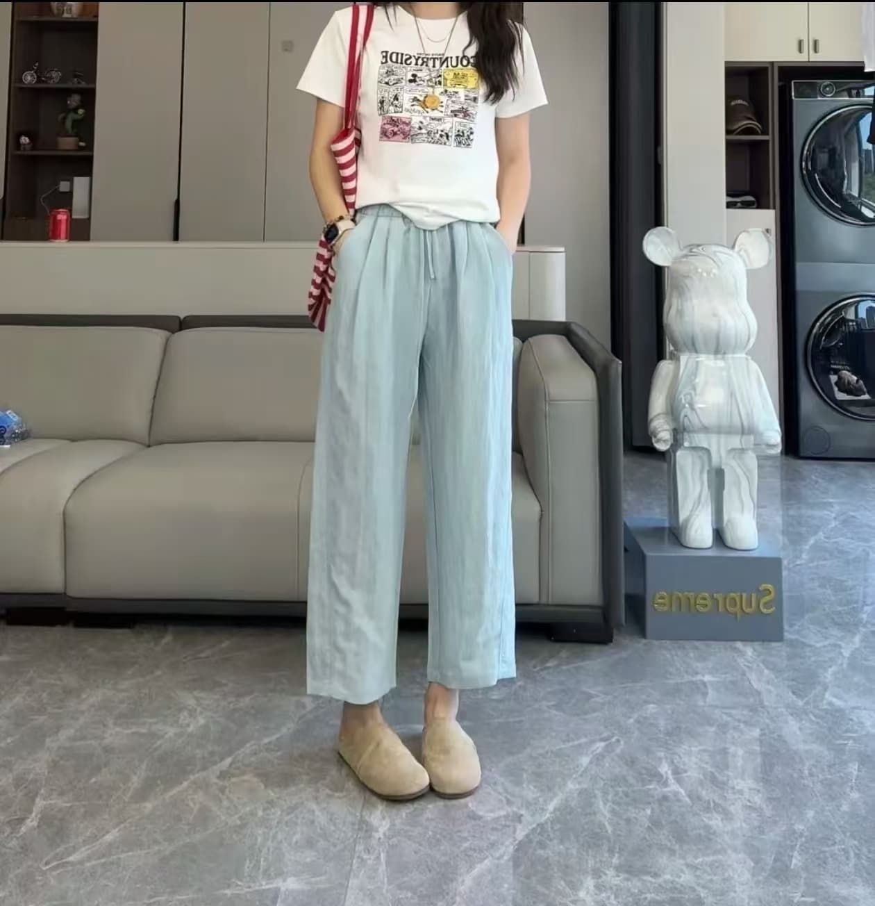 다용도 아마 바지 여성 루즈핏 스트레이트 캐주얼 작은 키 슬림해 보이는 9 포인트 와이드 레그 팬츠 이미지 3