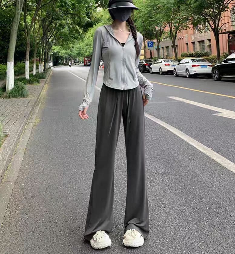 회색 마이크로 플레어 바지 여름 얇은 스타일 하이웨이스트 캐주얼 작은 키 넓은 다리 자외선 차단 얼음 실크 바지 상세 이미지 3