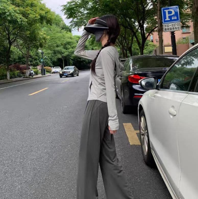 회색 마이크로 플레어 바지 여름 얇은 스타일 하이웨이스트 캐주얼 작은 키 넓은 다리 자외선 차단 얼음 실크 바지 상세 이미지 1