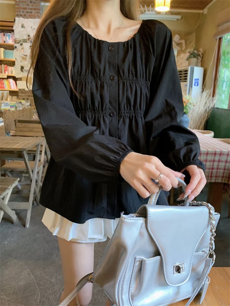빅 사이즈 긴팔 셔츠 라운드 넥 긍정적 인 어깨 거품 소매 지방 mm 표지 배 맨위 상세 이미지 19