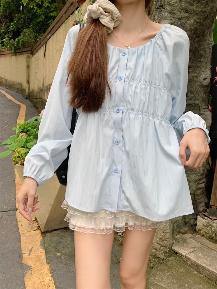 빅 사이즈 긴팔 셔츠 라운드 넥 긍정적 인 어깨 거품 소매 지방 mm 표지 배 맨위 상세 이미지 31
