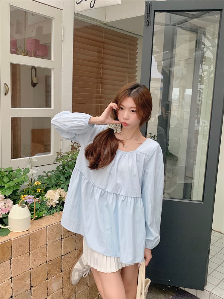 새로운 프랑스식 긴팔 달콤한 미국 칼라 긍정적 인 어깨 반팔 여성 셔츠 허리 수축 슬림해 보이는 풀오버 맨위 상세 이미지 19
