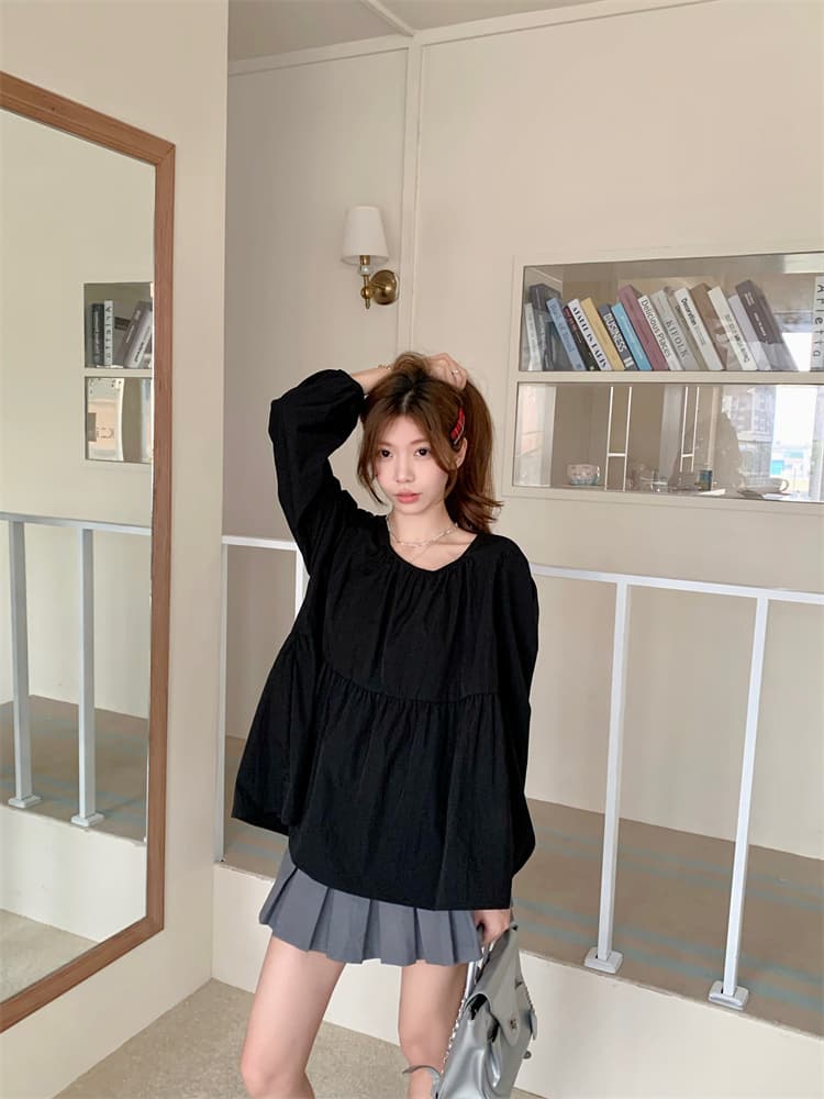 새로운 프랑스식 긴팔 달콤한 미국 칼라 긍정적 인 어깨 반팔 여성 셔츠 허리 수축 슬림해 보이는 풀오버 맨위 상세 이미지 24
