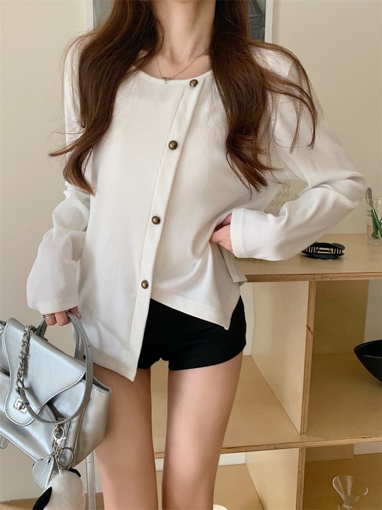 다용도 연령 감소 슬림해 보이는 라운드 넥 긴팔 티셔츠 인사이드 가져 가라. 기본 셔츠 불규칙 맨위 상세 이미지 17