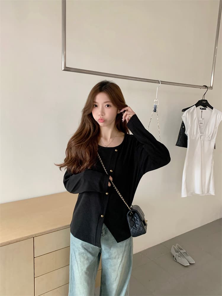 다용도 연령 감소 슬림해 보이는 라운드 넥 긴팔 티셔츠 인사이드 가져 가라. 기본 셔츠 불규칙 맨위 상세 이미지 26