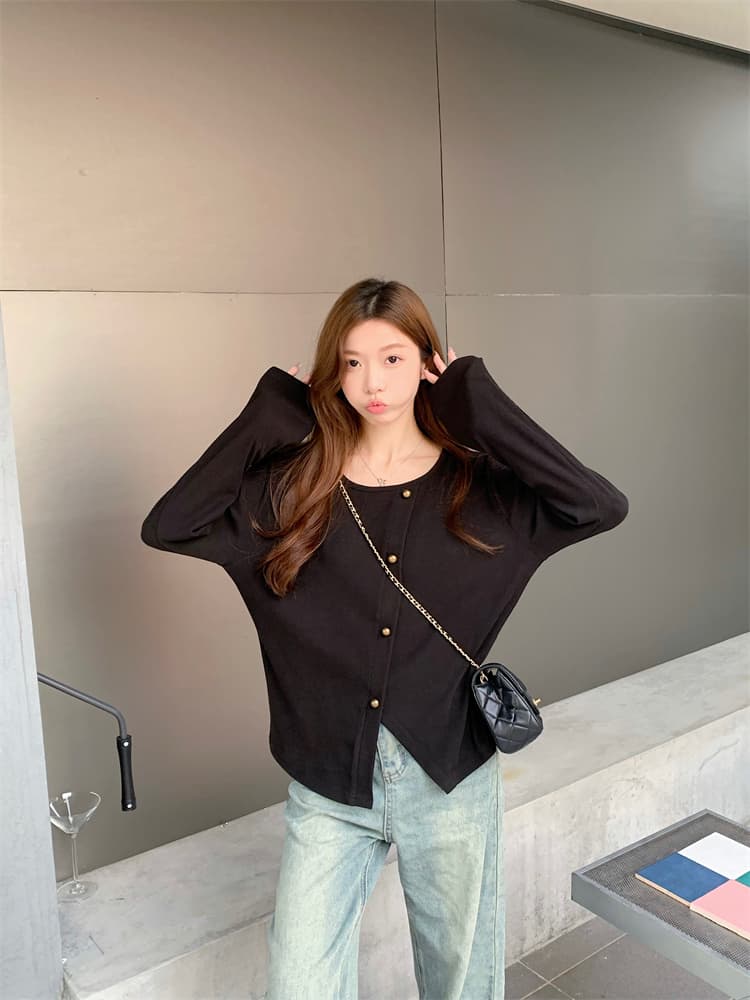 다용도 연령 감소 슬림해 보이는 라운드 넥 긴팔 티셔츠 인사이드 가져 가라. 기본 셔츠 불규칙 맨위 상세 이미지 31