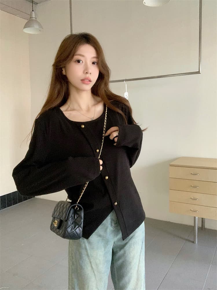 다용도 연령 감소 슬림해 보이는 라운드 넥 긴팔 티셔츠 인사이드 가져 가라. 기본 셔츠 불규칙 맨위 상세 이미지 42