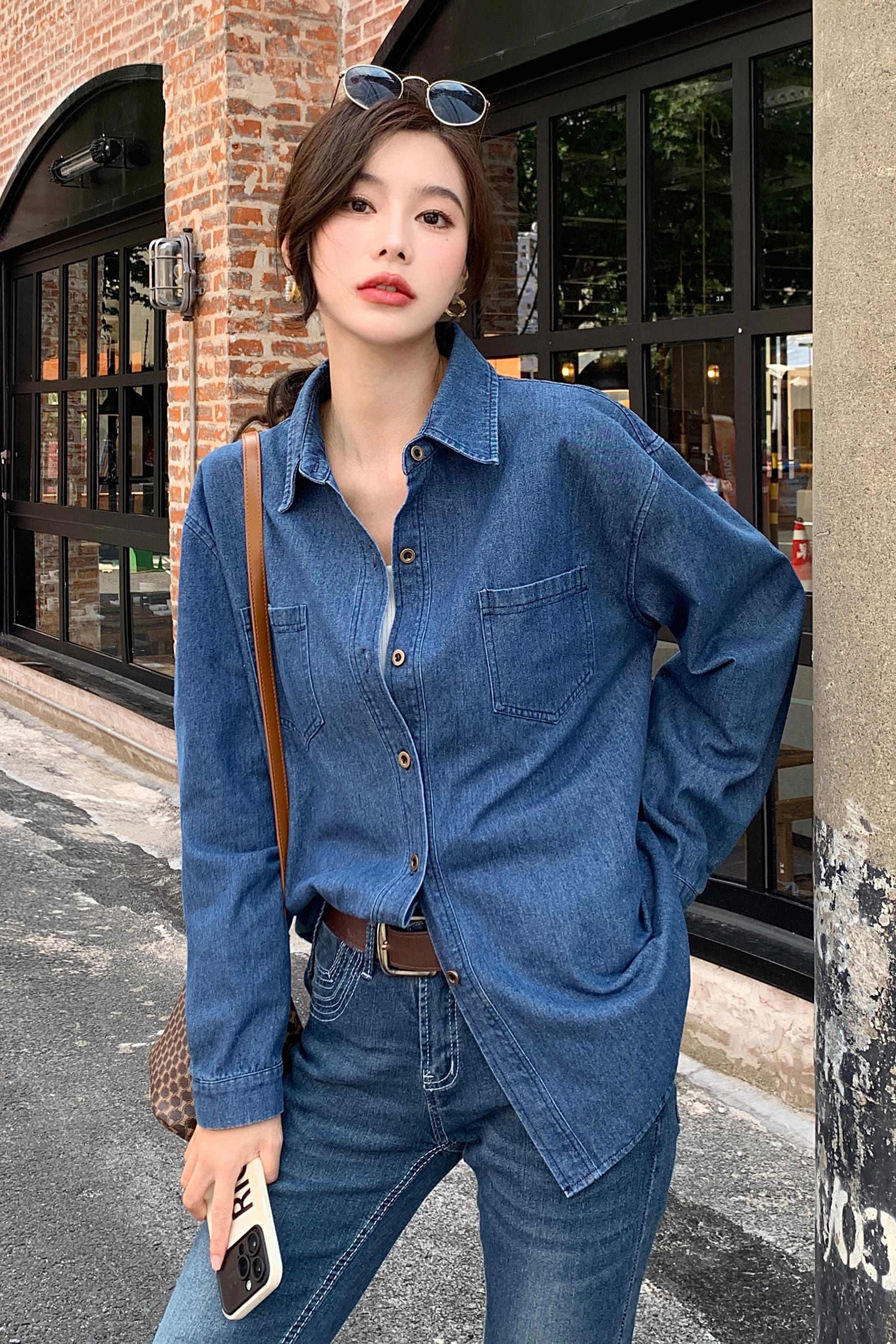 실사 빅 사이즈 레트로 데님 셔츠 홍콩 느낌 디자인 센스 맨위 가을 긴팔 한국 스타일 셔츠 재킷 이미지 2