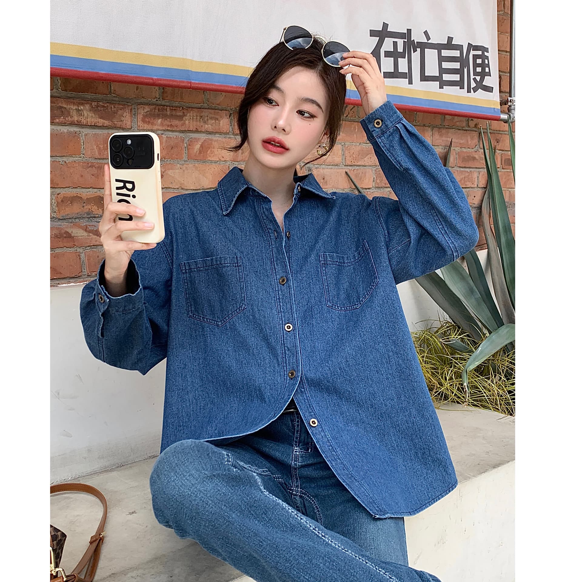실사 빅 사이즈 레트로 데님 셔츠 홍콩 느낌 디자인 센스 맨위 가을 긴팔 한국 스타일 셔츠 재킷 이미지 4