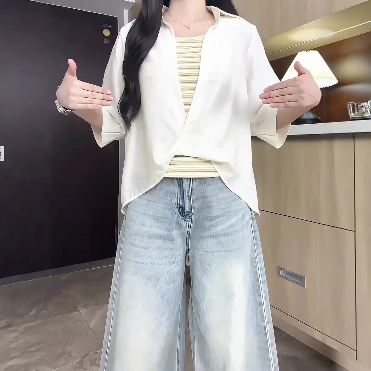 정가 비 실사 지방 mm 여름 루즈핏 스트라이프 조끼 셔츠 두 조각 여성 세트 자이언트 슬림해 보이는 캐주얼 반팔 맨위 이미지 3