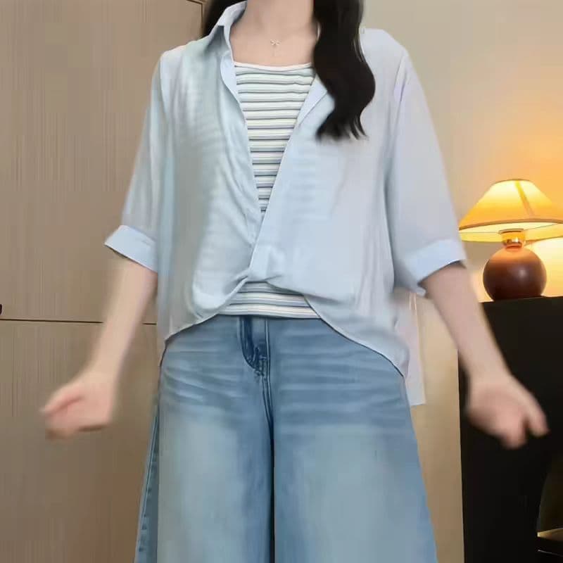 정가 비 실사 지방 mm 여름 루즈핏 스트라이프 조끼 셔츠 두 조각 여성 세트 자이언트 슬림해 보이는 캐주얼 반팔 맨위 이미지 2