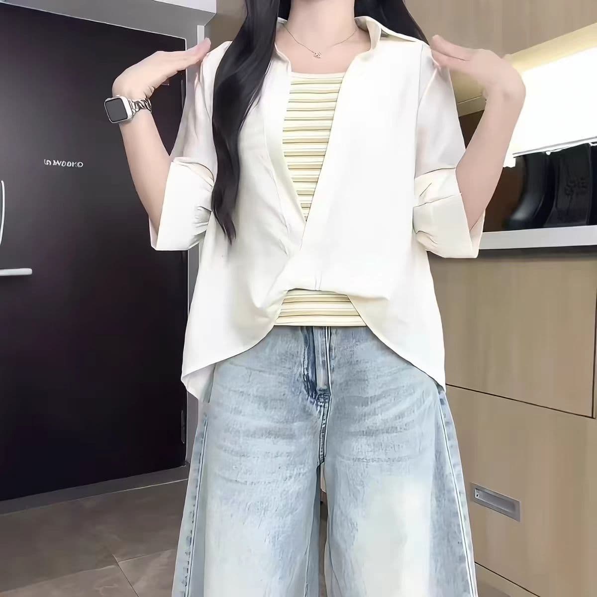 정가 비 실사 지방 mm 여름 루즈핏 스트라이프 조끼 셔츠 두 조각 여성 세트 자이언트 슬림해 보이는 캐주얼 반팔 맨위 이미지 5