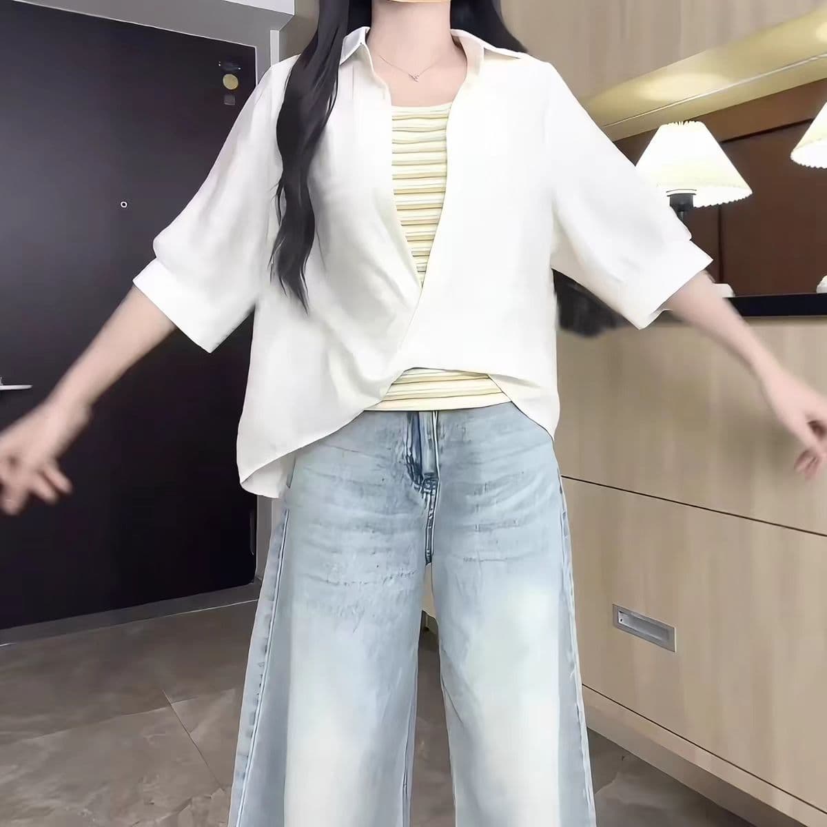 정가 비 실사 지방 mm 여름 루즈핏 스트라이프 조끼 셔츠 두 조각 여성 세트 자이언트 슬림해 보이는 캐주얼 반팔 맨위 상세 이미지 7