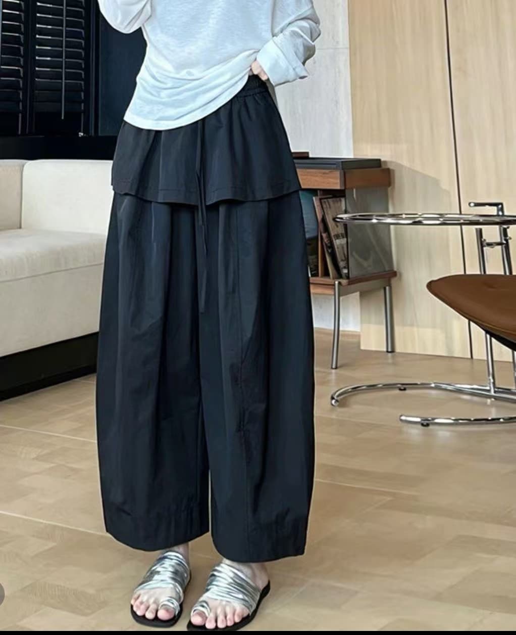 9366 비 실사 디자인 센스 페이크 레이어드 랩스커트팬츠 패치워크 캐주얼 바지 여성 여름 루즈핏 와이드 레그 팬츠 어린이 상세 이미지 26
