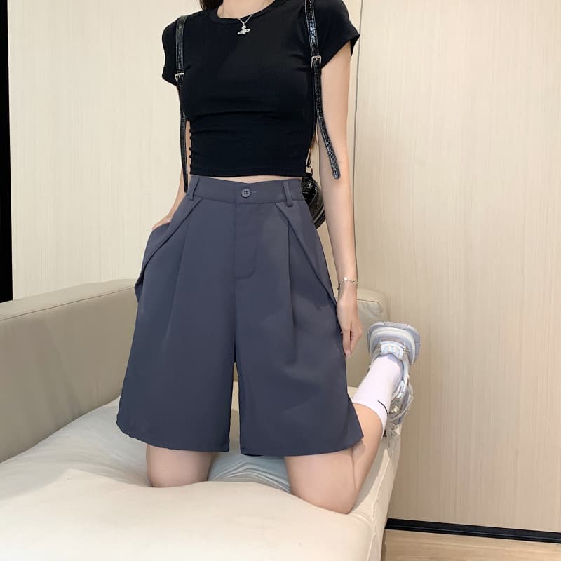 캐주얼 정장 반바지 한 마디 얇은 스타일 하이웨이스트 와이드 레그 팬츠 루즈핏 슬림해 보이는 5 점 바지 이미지 4