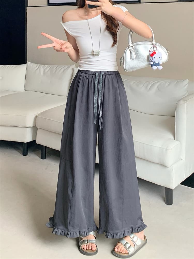 9368 실사 넓은 다리 캐주얼 바지 여성 여름 얇고 가벼운 편안함 다용도 허리밴드 펌프 로프 목이버섯 레이스 9부 바지 이미지 3