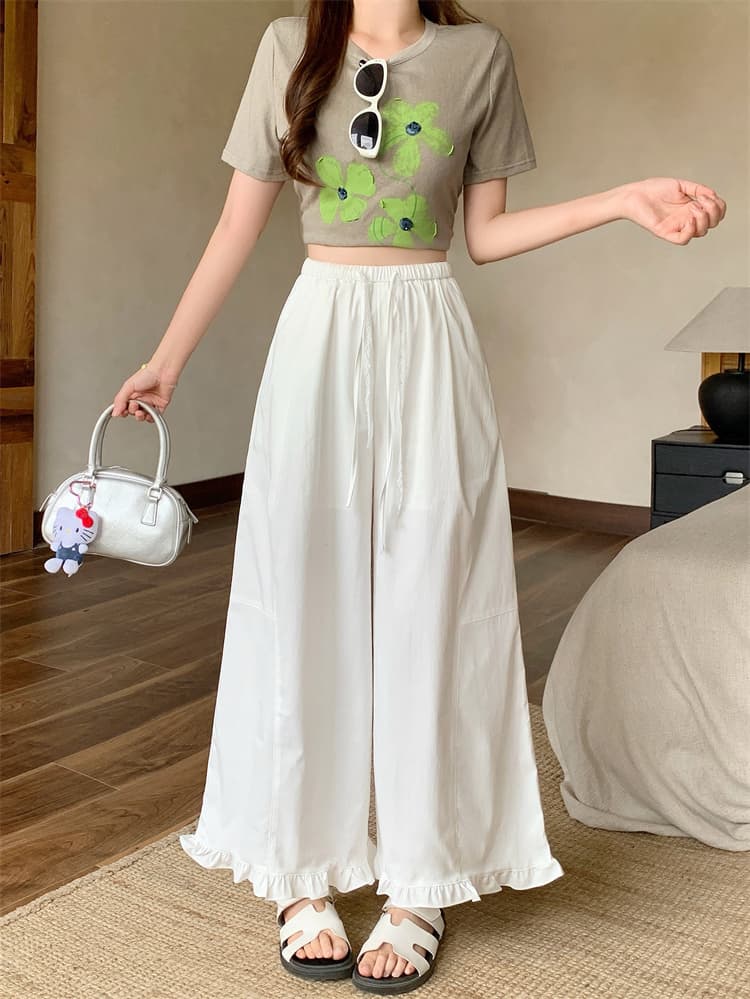 9368 실사 넓은 다리 캐주얼 바지 여성 여름 얇고 가벼운 편안함 다용도 허리밴드 펌프 로프 목이버섯 레이스 9부 바지 상세 이미지 9