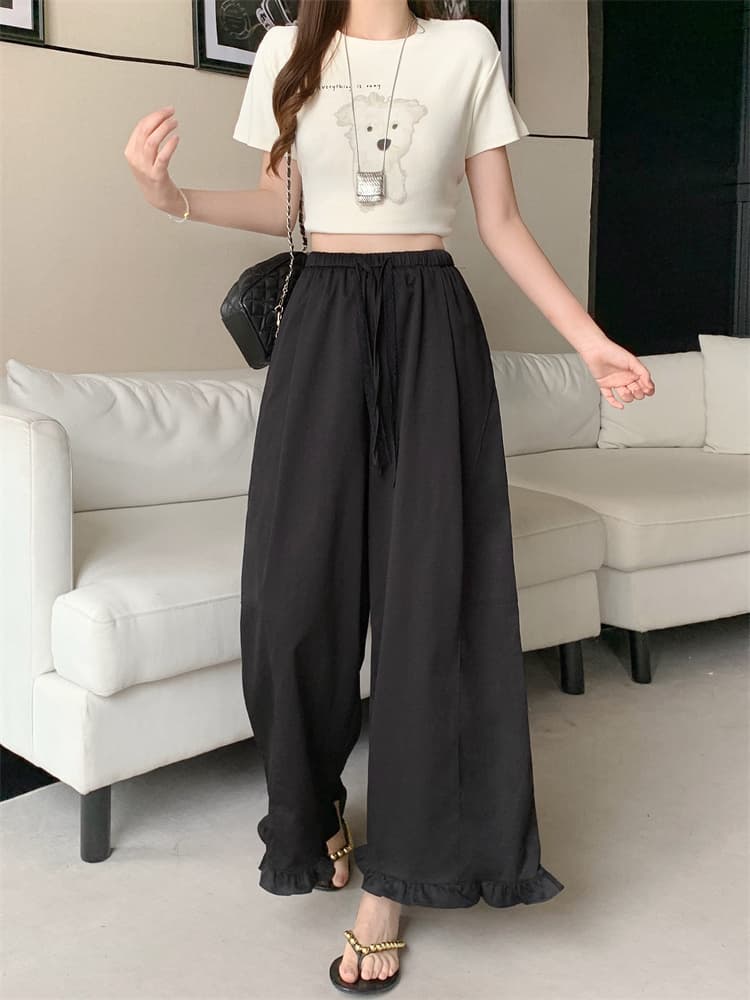 9368 실사 넓은 다리 캐주얼 바지 여성 여름 얇고 가벼운 편안함 다용도 허리밴드 펌프 로프 목이버섯 레이스 9부 바지 상세 이미지 20