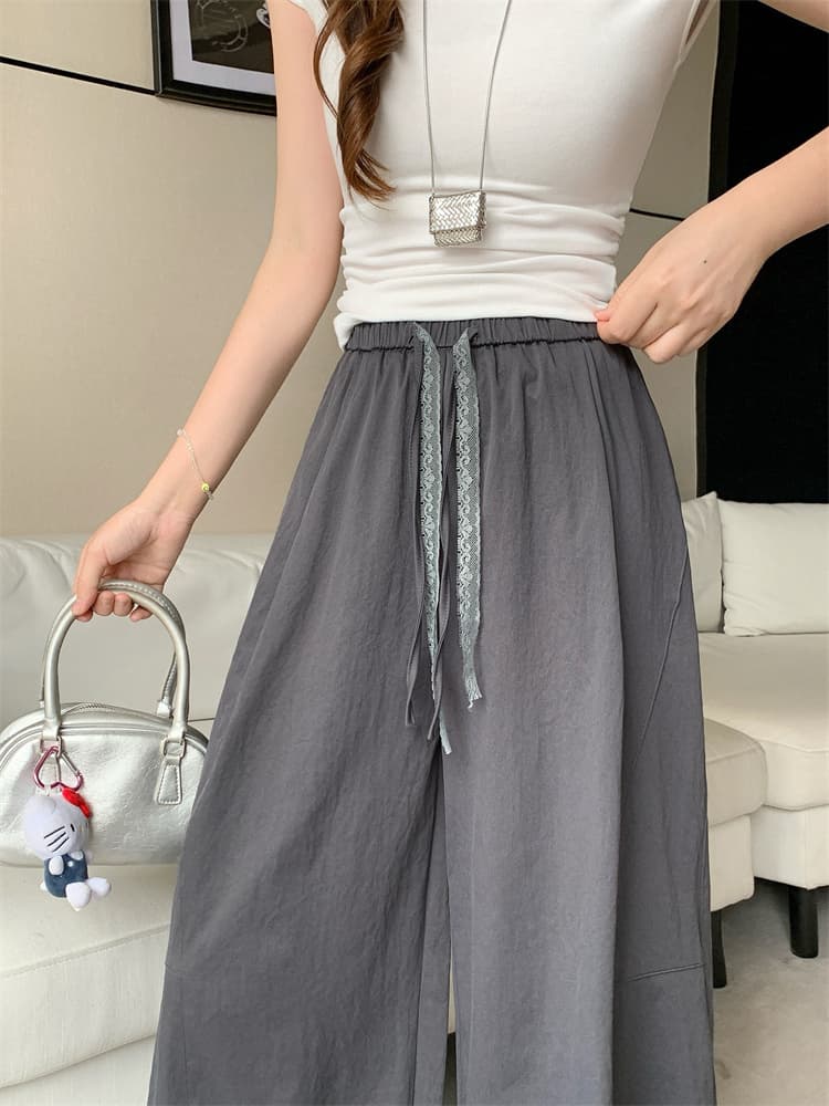 9368 실사 넓은 다리 캐주얼 바지 여성 여름 얇고 가벼운 편안함 다용도 허리밴드 펌프 로프 목이버섯 레이스 9부 바지 상세 이미지 23