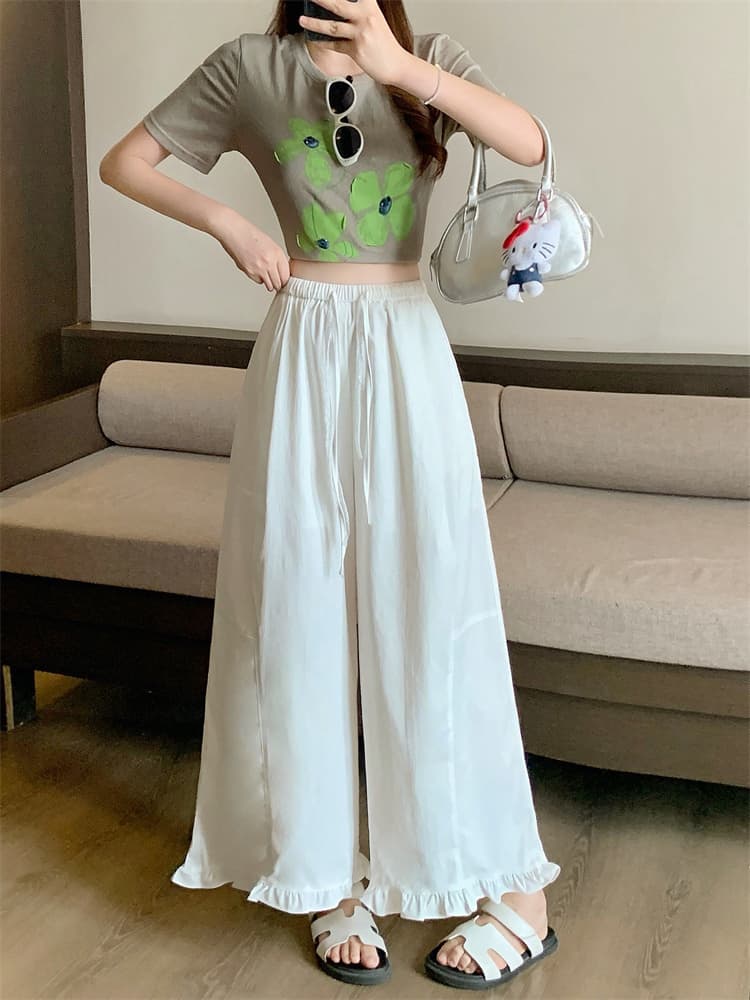 9368 실사 넓은 다리 캐주얼 바지 여성 여름 얇고 가벼운 편안함 다용도 허리밴드 펌프 로프 목이버섯 레이스 9부 바지 상세 이미지 42