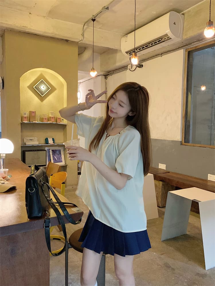 디자인 센스 여름 얇은 스타일 표지 배 맨위 루즈핏 슬림해 보이는 품격 라운드 넥 작은 셔츠 상세 이미지 3