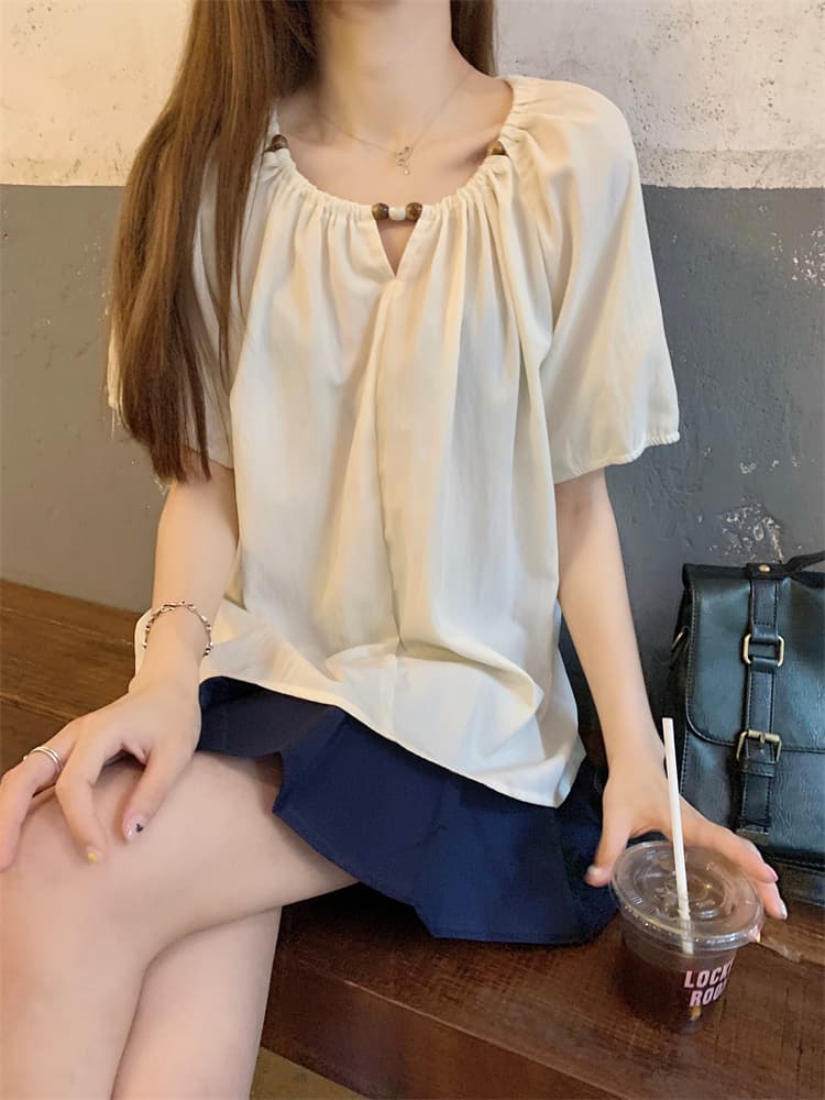 디자인 센스 여름 얇은 스타일 표지 배 맨위 루즈핏 슬림해 보이는 품격 라운드 넥 작은 셔츠 상세 이미지 7