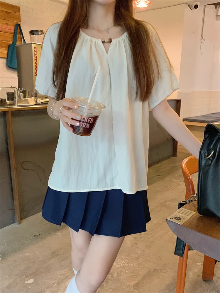 디자인 센스 여름 얇은 스타일 표지 배 맨위 루즈핏 슬림해 보이는 품격 라운드 넥 작은 셔츠 상세 이미지 8