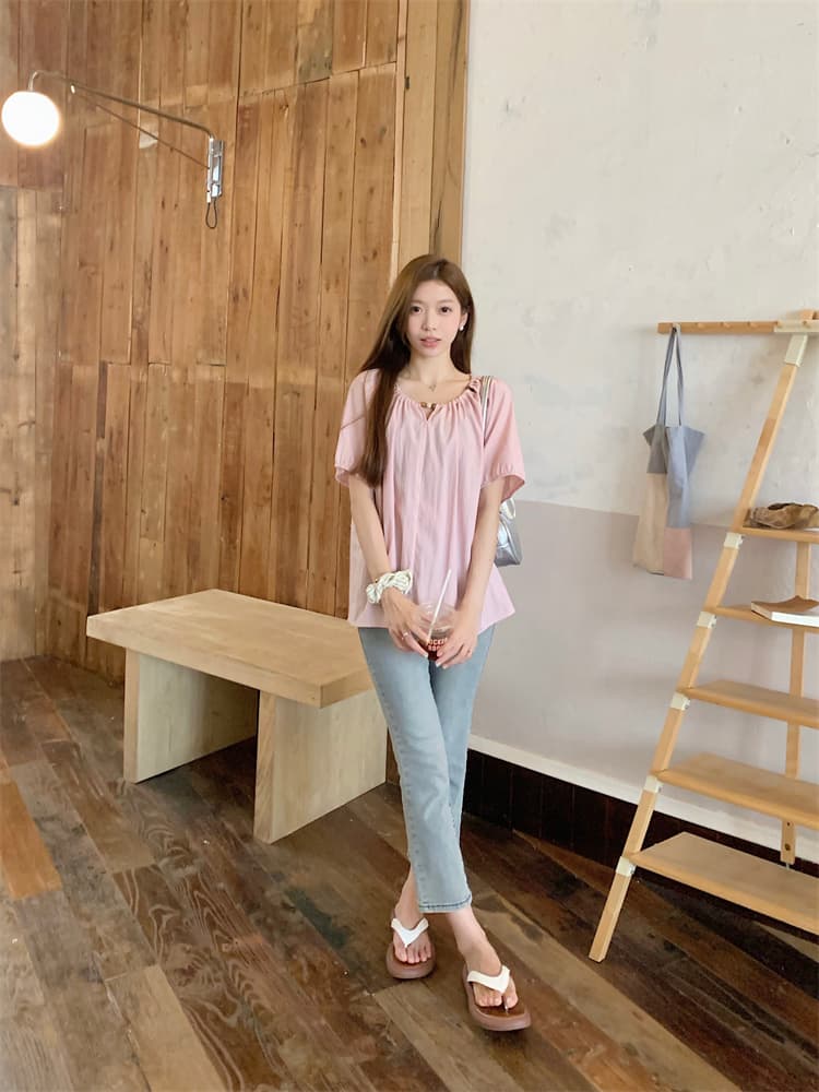 디자인 센스 여름 얇은 스타일 표지 배 맨위 루즈핏 슬림해 보이는 품격 라운드 넥 작은 셔츠 상세 이미지 11