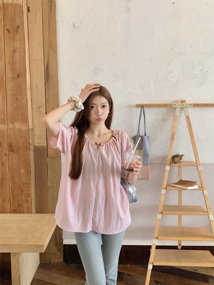 디자인 센스 여름 얇은 스타일 표지 배 맨위 루즈핏 슬림해 보이는 품격 라운드 넥 작은 셔츠 상세 이미지 13