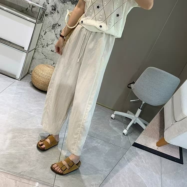 8248 아마 9부 바지 여성 느긋한 바람 넓은 다리 캐주얼 바지 배 모양 몸 하이웨이스트 슬림해 보이는 풍선 바지 여름 상세 이미지 5