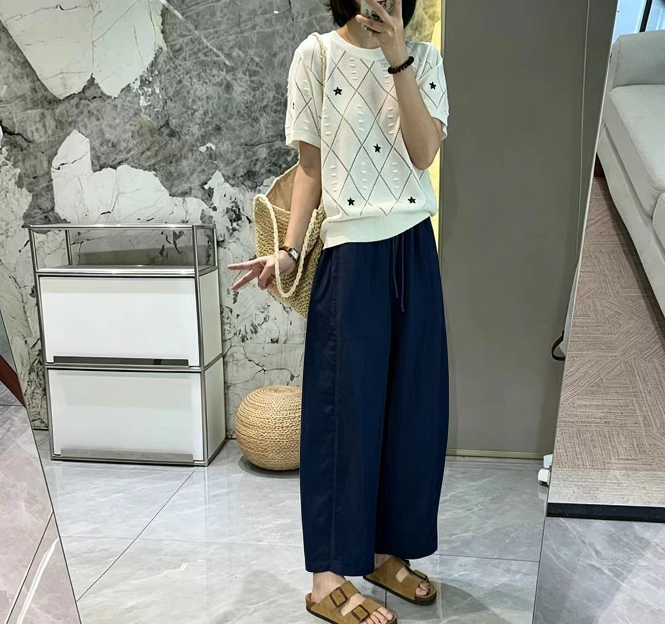 8248 아마 9부 바지 여성 느긋한 바람 넓은 다리 캐주얼 바지 배 모양 몸 하이웨이스트 슬림해 보이는 풍선 바지 여름 상세 이미지 25