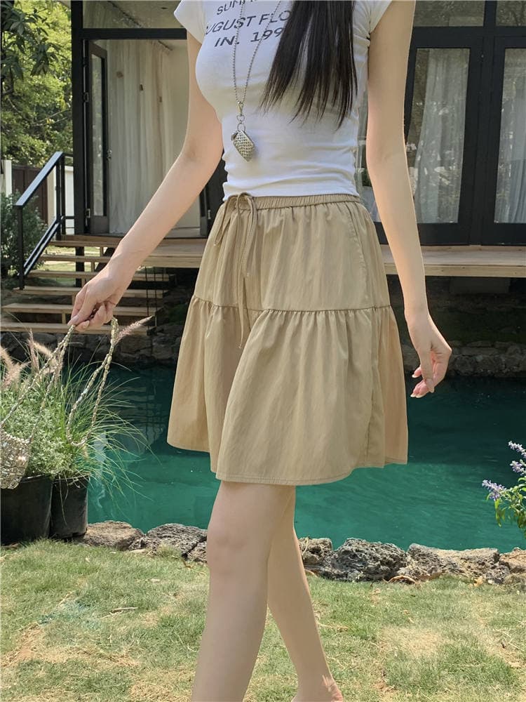 느긋한 바람 치마바지 여성 여름 얇은 스타일 하이웨이스트 슬림해 보이는 얼음 실크 와이드 레그 팬츠 허리밴드 레이스업 5 점 반바지 상세 이미지 2