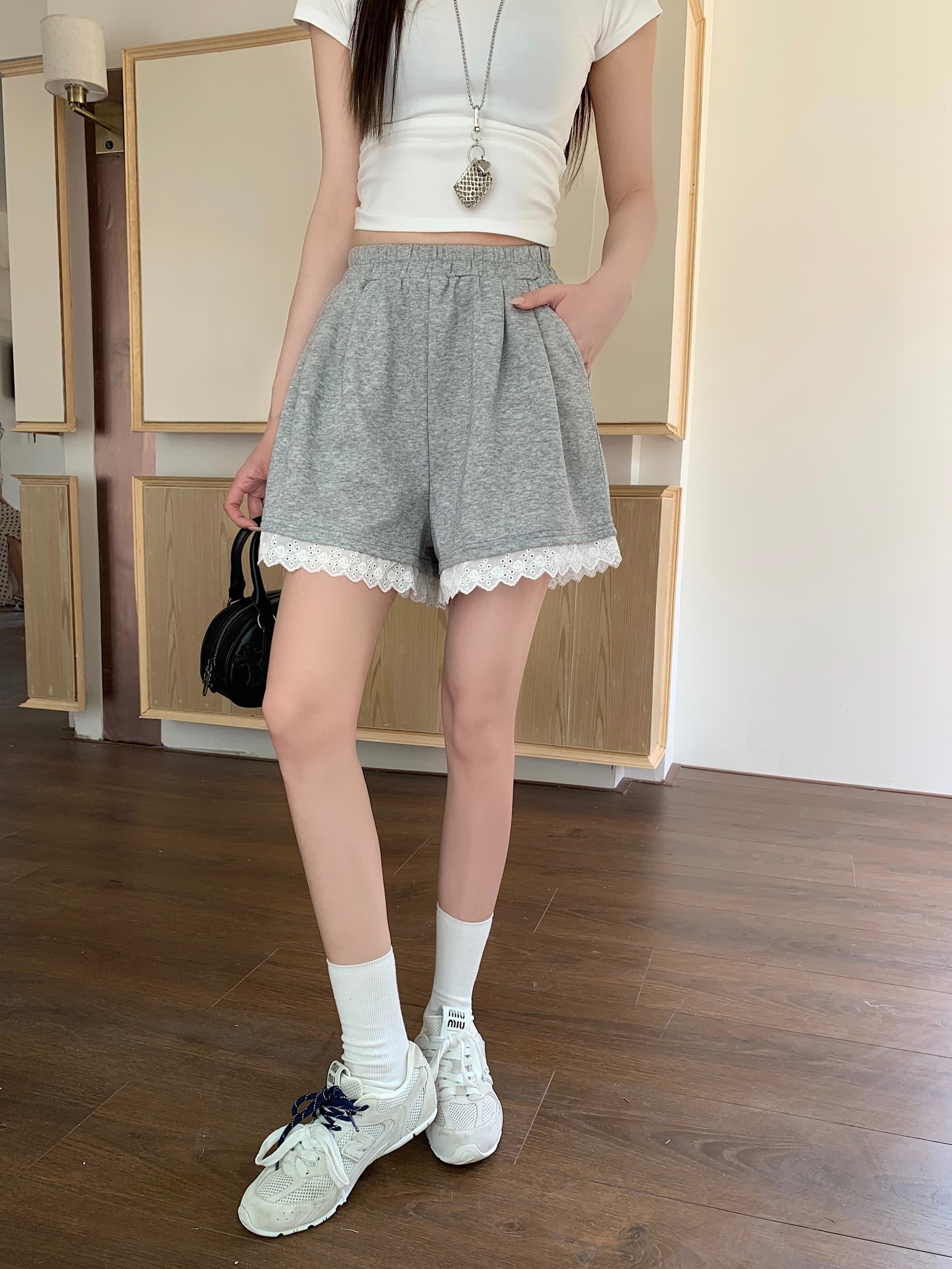 여름 한 부서 ins 개성 패션 레이스 측면 밴딩 하이웨이스트 레이스업 캐주얼 넓은 다리가 짧다. 바지 여성 상세 이미지 23