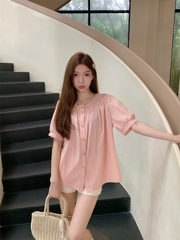 66322 실사 정가 마이크로 지방 주름 반팔 여성 셔츠 여름 싱글 줄 버튼 루즈핏 슬림해 보이는 맨위 상세 이미지 4