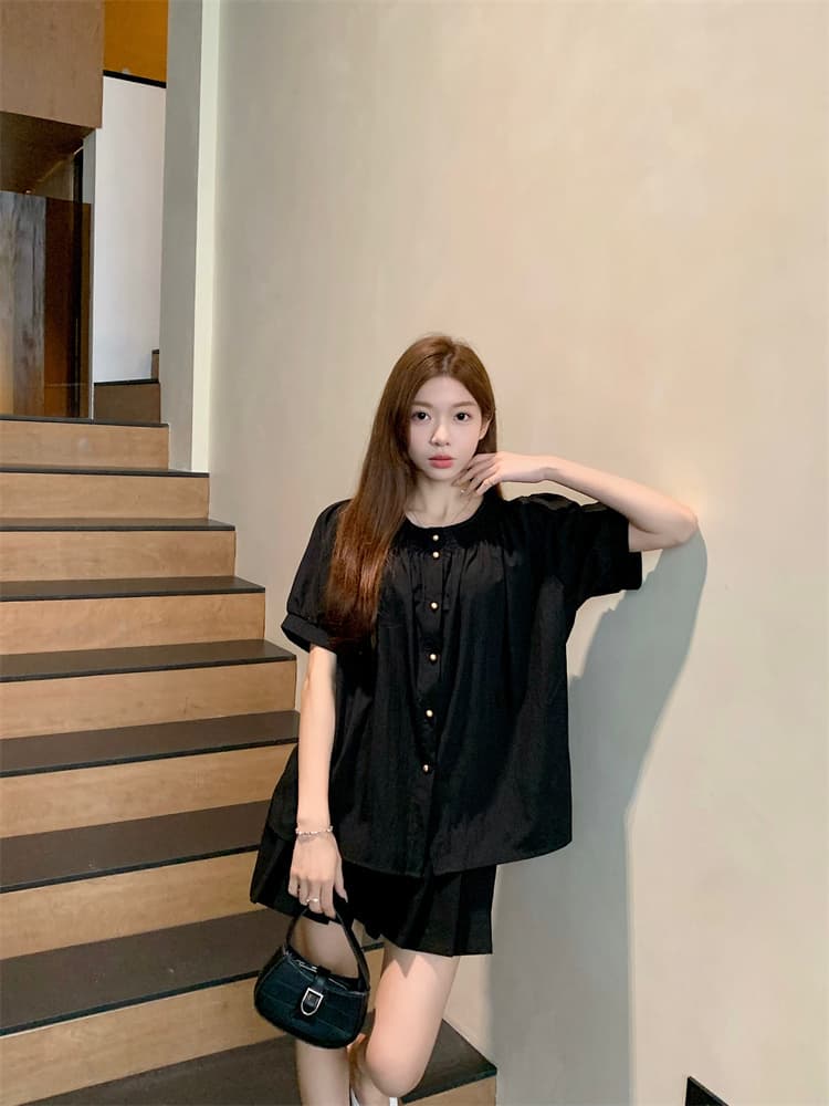66322 실사 정가 마이크로 지방 주름 반팔 여성 셔츠 여름 싱글 줄 버튼 루즈핏 슬림해 보이는 맨위 상세 이미지 44