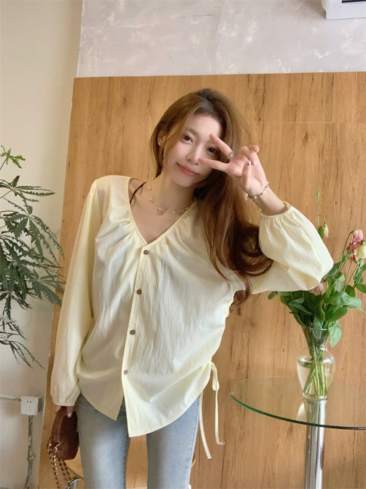 지방 mm 프랑스식 슬림해 보이는 V 넥 셔츠 주름 펌프 로프 긴팔 Chic 맨위 상세 이미지 6