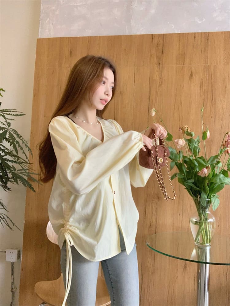 지방 mm 프랑스식 슬림해 보이는 V 넥 셔츠 주름 펌프 로프 긴팔 Chic 맨위 상세 이미지 7