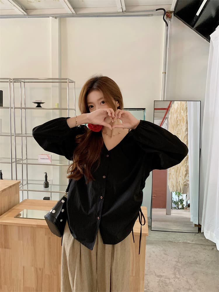 지방 mm 프랑스식 슬림해 보이는 V 넥 셔츠 주름 펌프 로프 긴팔 Chic 맨위 상세 이미지 37