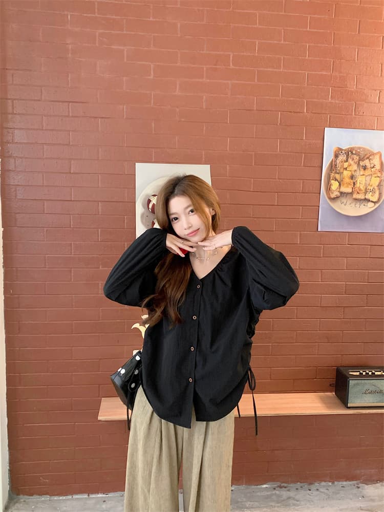 지방 mm 프랑스식 슬림해 보이는 V 넥 셔츠 주름 펌프 로프 긴팔 Chic 맨위 상세 이미지 39